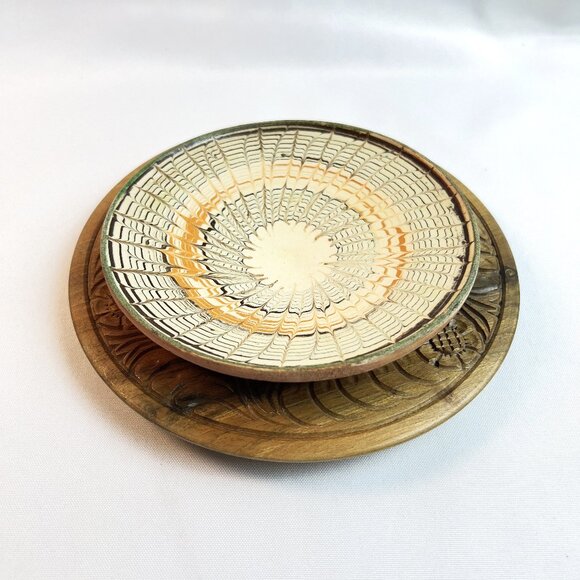 Handmade Hungarian Clay Bowl & Carved Wood Dish Set Authentic Juried Folk Art - Picture 1 of 9